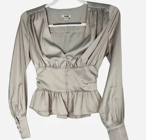 Jason Wu Satin Front Button Ruffle Peplum Hem Baby doll Blouse Top Cream XS thumbnail 1