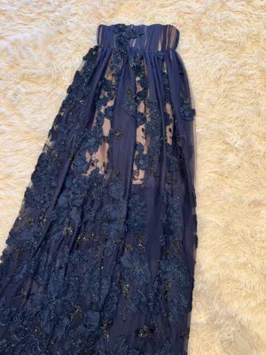 NEW HELSI Beatrice Strapless 3D Embellished Floral Sheer navy Gown sz XS thumbnail 6