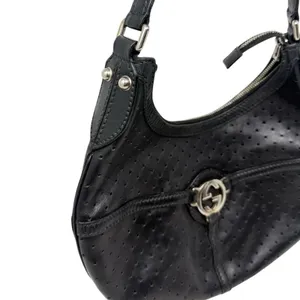 Gucci Reins Vintage Interlocking GG Perforated Leather Black Hobo Bag Purse thumbnail 6