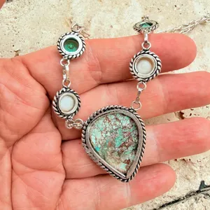 Large Turquoise Pearl Statement Necklace Sterling Silver Overlay thumbnail 5