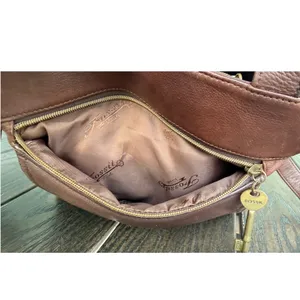Vintage Y2K Fossil 1954 Brown Leather Crossbody Satchel Key Charm Purse Granny thumbnail 8