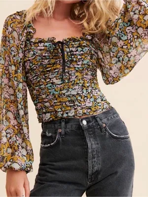 Free People Mabel Floral Ruffled Lace Trim Button-Down Tank Size M thumbnail 1