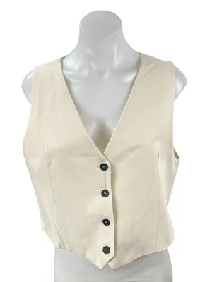 Zara Beige Sleeveless Knit V Neck Button Down Vest Shirt Blouse Crop Top Size L thumbnail 1
