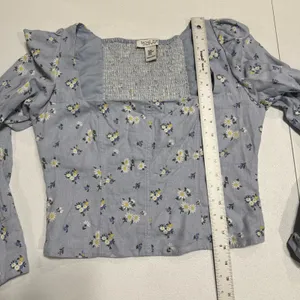 Rachel Zoe Linen Blend Crop Top Sz M Blouse Long Sleeve Square Neck Blue Floral thumbnail 11