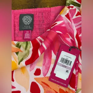 NWT Vince Camuto Size 22W Pink Multi Floral Print Puff Short Sleeve Midi Dress thumbnail 3