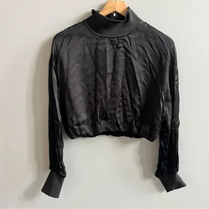 NWT Zara Black Satin Effect Long Sleeve Mock Neck Top Size XS Zipper Turtleneck thumbnail 6