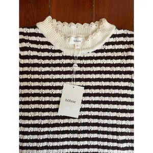 Bohme NWT Striped Crochet Trim Sweater Womens Medium Brown Cream thumbnail 4