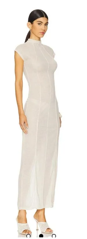 LIONESS Cream Redefined Maxi Dress Sheer Mockneck Cap Sleeve Small thumbnail 1