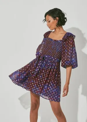 Cleobella Elizabeth Mini Dress‎ Size XS Purple Confetti Metallic Bubble Sleeve thumbnail 1