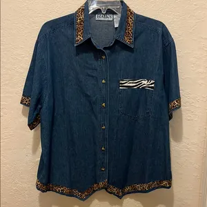 Vintage Blue Denim Shirt with Leopard and zebra Trim • Jean shirt • Jean jacket thumbnail 2