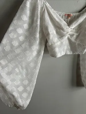 Evolutionary White Swiss Dot Twist Front Crop Top Balloon Sleeve Boho Size S thumbnail 3