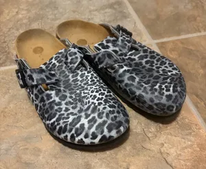 Birkenstock Black and White Leopard Print Boston Clogs thumbnail 1