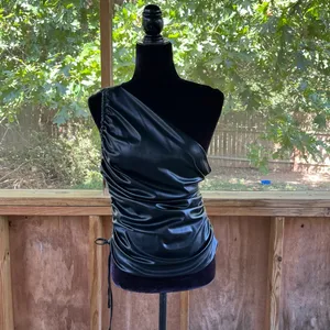 Zara Women's Black Vegan Leather One Shoulder Ruched Top Size S thumbnail 2