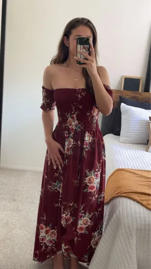 FDSC formal maroon floral off the shoulder dress thumbnail 1