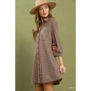 Umgee Plaid Button Down Oversized Shirt Dress - Rust - Medium thumbnail 2