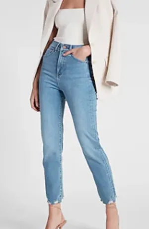 Express Super High Waisted Light Wash Raw Hem Slim Jeans thumbnail 1