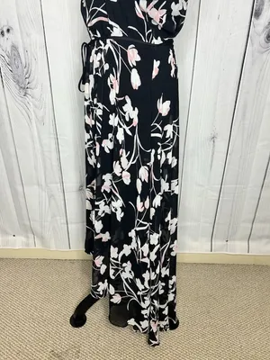 White House | Black Market Sz 8 Chiffon Black Garden Floral Elastic Waist Midi Dress Keyhole Neckline thumbnail 7