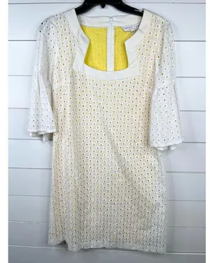 Trina Turk White Eyelet Bell Sleeve A-Line Dress Size 8 Yellow Lining Cotton thumbnail 2