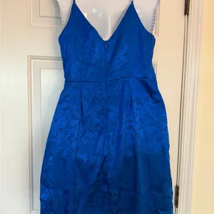 Lulus Blue Satin Floral Jacquard Wrap Dress Size M thumbnail 4