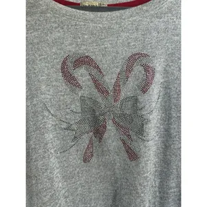 One World Womens Top XL Gray Beaded‎ Bling Candy Canes Bow Holiday Blouse thumbnail 3