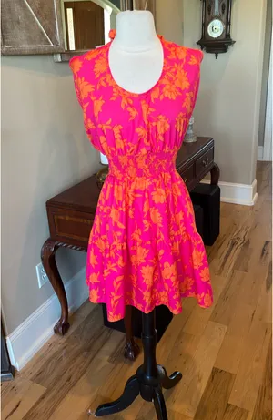 Colorful Festive Neon Pink Orange Flirty Mini Dress thumbnail 7