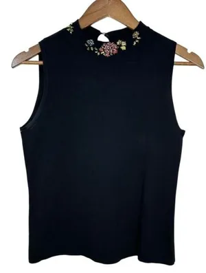 Vintage JAC Black Ribbed‎ Sleeveless Beaded Mock Neck Shell Tank Top Retro Girly thumbnail 1