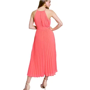 FLYING TOMATO Neon Coral Midi‎ Dress Accordion Pleat Size M High Neck thumbnail 3