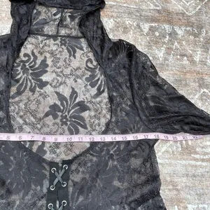 Whimsigoth Witchy Goth Hooded Sheer Lace Maxi Duster Cardigan Black Victorian M thumbnail 8