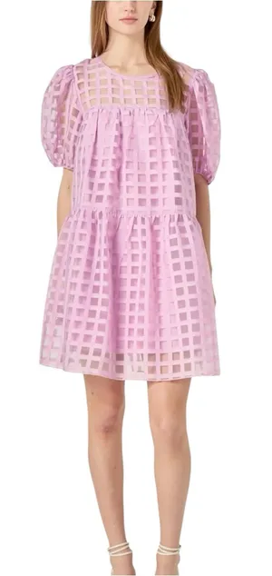NWT English Factory Gridded Puff Sleeve Organza Babydoll Mini Dress SMALL thumbnail 1
