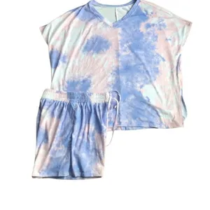 Boutique Lot 2~2PC Tie Dye Pajama Sets Sz L SS Tee Short Drawstring Blue Lounge thumbnail 5