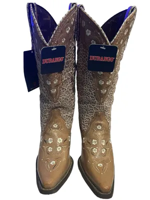 Durango cowboy boots tan leather white lace-like shaft floral thumbnail 5