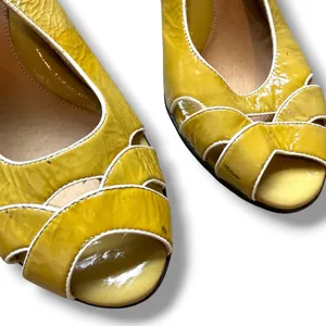 Sofft Slingback Heels Womens 10 Mustard Yellow Patent Leather Peep Toe Pumps thumbnail 5