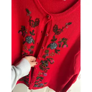 Victoria Jones 90's Women's Red Floral Beaded‎ Button Down Ramie Cardigan Large thumbnail 3