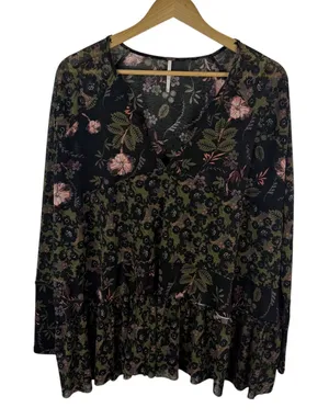 Free‎ People Floral Tiered Babydoll Top XS Boho Dark Romantic Oversized Flowy thumbnail 1