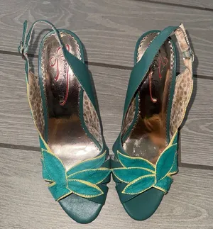 Poetic Licence Spring Blooms Basil Green Leaf Slingback Heels Size 10 thumbnail 1