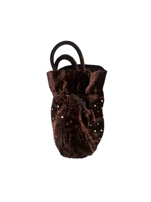 Rich Brown Velvet Drawstring Bucket Bag Ornate Tonal Paisley Rhinestones thumbnail 5