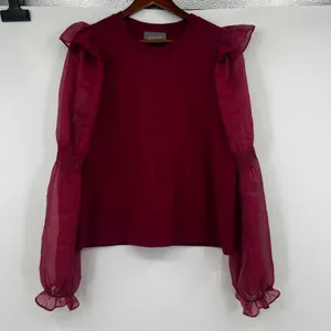 Anthropologie Ruffled Puff sheer Sleeve Blouse deep red romantic Victorian large thumbnail 2
