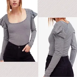 FREE‎ PEOPLE Puff Sleeve Penelope Long Sleeve Black Striped Top Size Small thumbnail 2