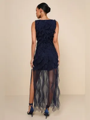 Lulu's Striking Aesthetic Navy Blue Mesh Ruffled Swiss Dot Maxi Dress thumbnail 4