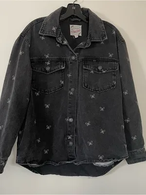 Stoosh Black Denim Shirt Jacket Womens Small Butterfly Print Oversized Button Up Cotton thumbnail 1