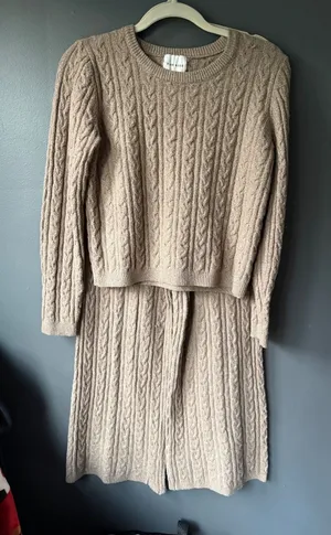 Pink Rose Tan Cable Knit Sweater and Pants Set Medium thumbnail 1