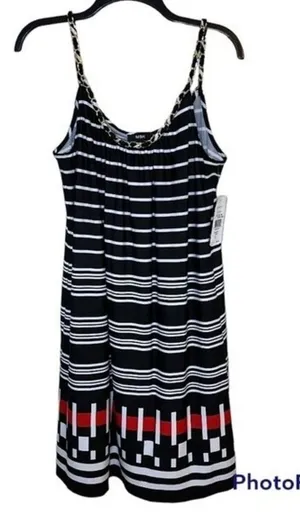 MSK Black/White/Red Striped Chained Neckline Jersey Shift Dress Size Large NWT thumbnail 1