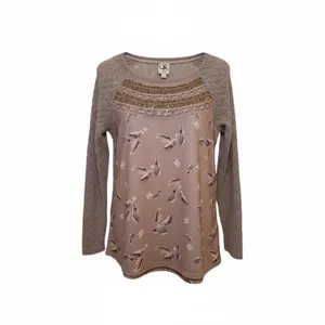 One September Sequin Feather Print Knit Long Sleeve Top Beige Brown‎ Women's S thumbnail 5