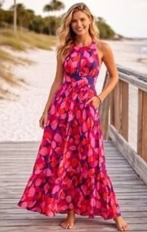 Abel the Label Charlotte Floral Halter Maxi Dress Pink Red Boho | M thumbnail 1