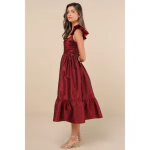 Lulus Poised Passion Wine Red Taffeta Pleated Ruffled Midi Dress Large NWT thumbnail 3