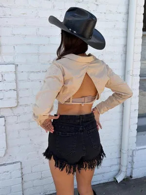 Zara tan cropped collared blouse with tie front detail and open back Size XS #western #cowgirl #preppy #academia thumbnail 3