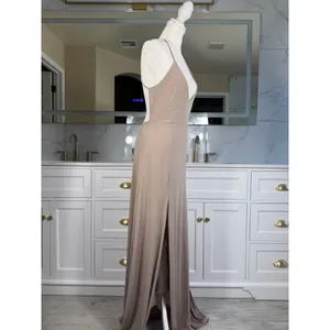 Maxi Dress Womens M Taupe Deep V-Neck Double Slit Open Back Gown thumbnail 4