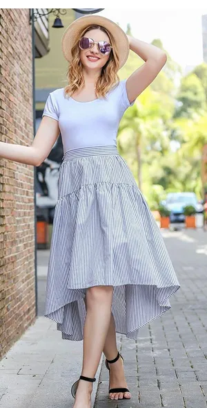 Zeagoo NWT High Low Navy Blue And White Stripe Skirt - M thumbnail 2