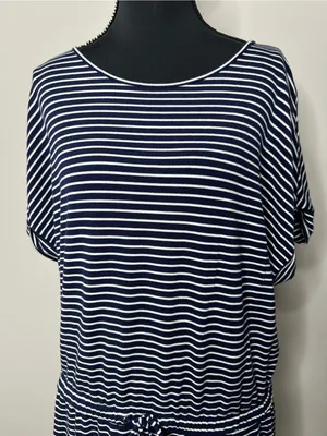 Hilary Radley Striped Navy and White Tie-Waist Dress with Pockets Size Large thumbnail 7