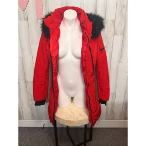 Michael Kors Women Red Puffer Coat Faux Fur Hood Winter Jacket Size thumbnail 4